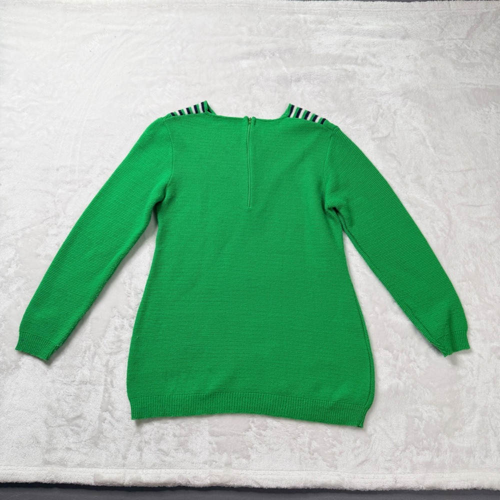 Vintage 70s Retro Green Striped V-Neck Knit Sweater Varsity Preppy Zip Back Top - Picture 4 of 8